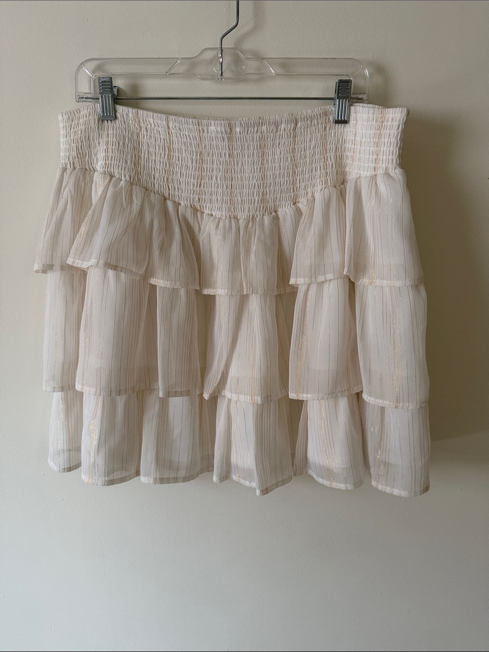 ARULA Cream Tiered Ruffle Mini Skirt with Subtle Metallic Stripes